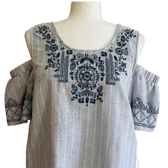 Knox Rose Dress Blue White Stripe Embroidered Shirt Sleeve Boho Shift Medium NEW - Picture 3 of 12